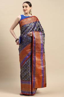Dark Aqua Blue Woven Banarasi Saree With Blouse