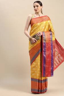 Yellow Woven Banarasi Saree With Blouse