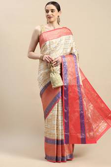 Cream Woven Banarasi Saree With Blouse
