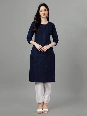 Navy-Blue Embroidered Cotton Kurti 1