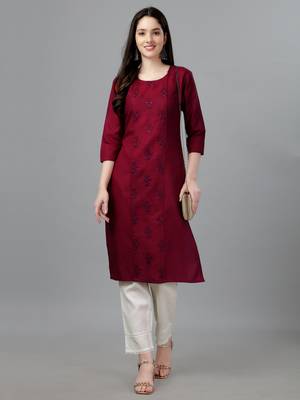 Maroon Embroidered Cotton Cotton-Kurtis 1