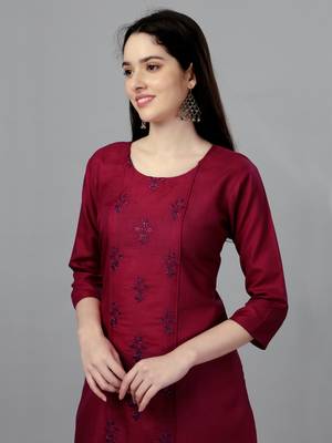Maroon Embroidered Cotton Cotton-Kurtis 3