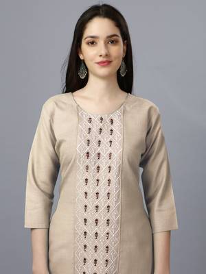 Beige Embroidered Cotton Kurtis 3