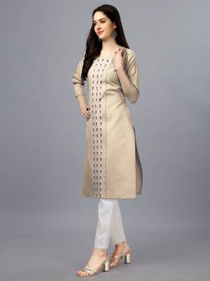 Beige Embroidered Cotton Kurtis 4