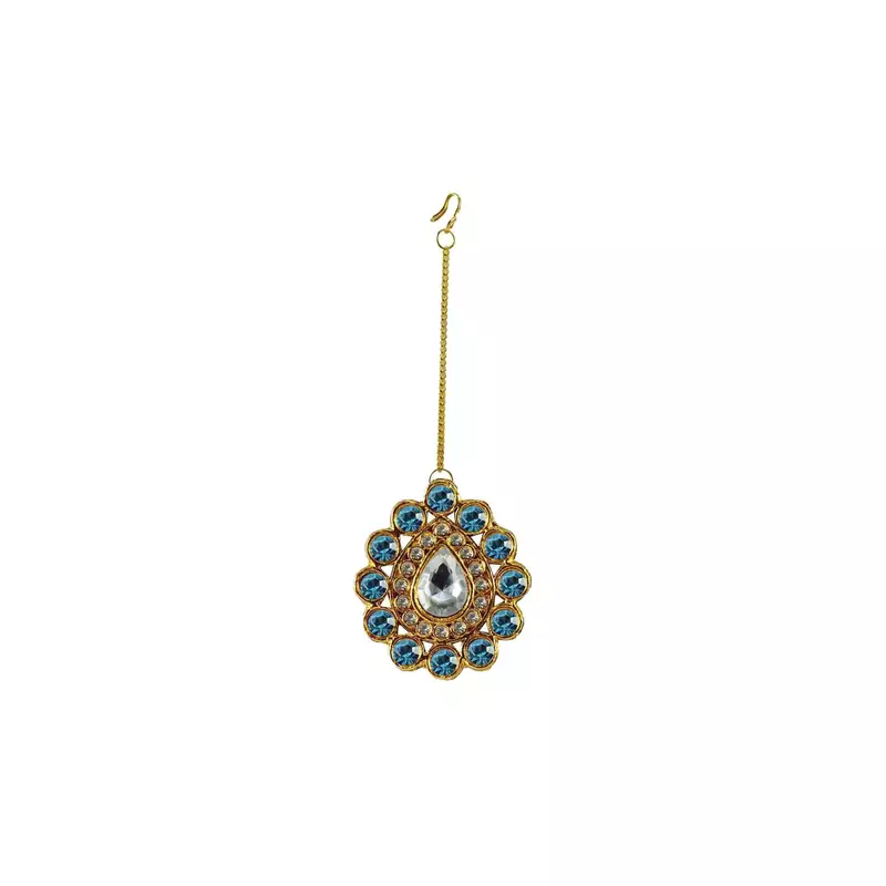 Brass Gold Platted  Blue Stone Studded  Maang Tikka