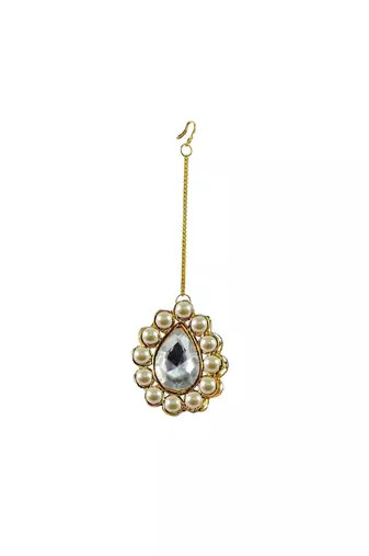 Brass Gold Platted  White Stone Studded  Maang Tikka