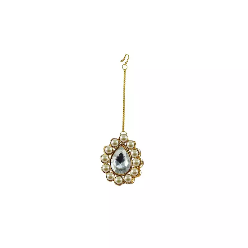 Brass Gold Platted  White Stone Studded  Maang Tikka