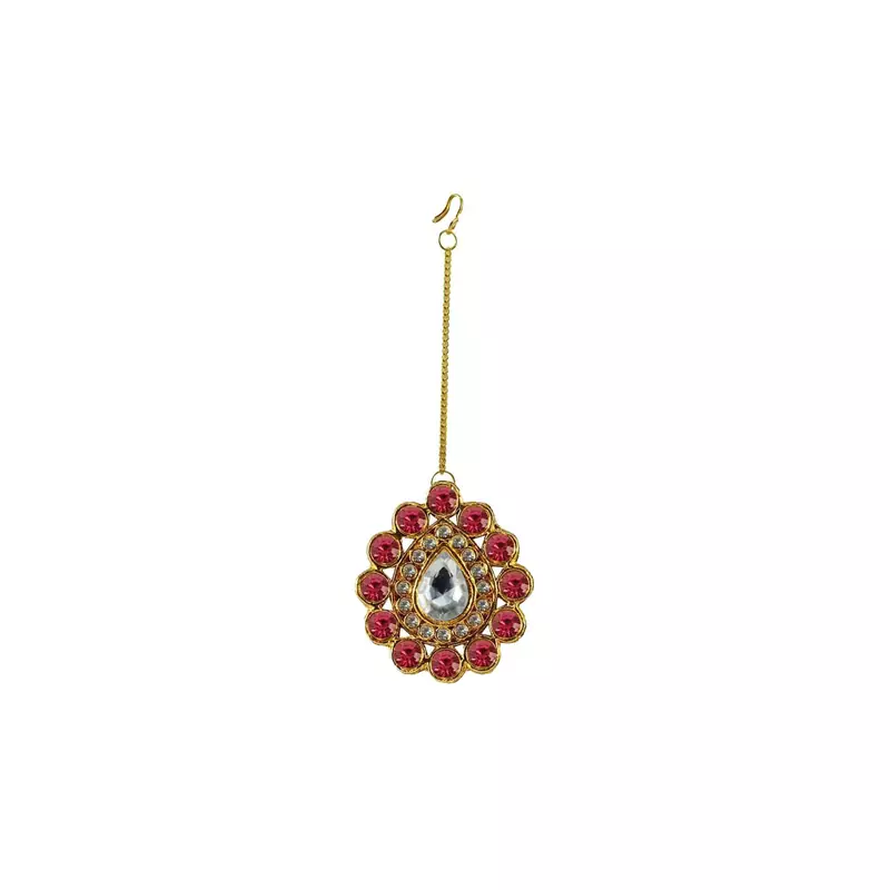 Brass Gold Platted  Pink Stone Studded  Maang Tikka