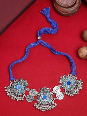 SMER Enamel Mirror Ethnic Silver Toned & Blue Chokers Necklace 1