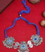 SMER Enamel Mirror Ethnic Silver Toned & Blue Chokers Necklace