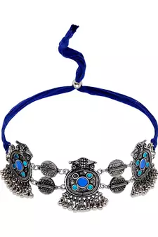 SMER Enamel Mirror Ethnic Silver Toned & Blue Chokers Necklace