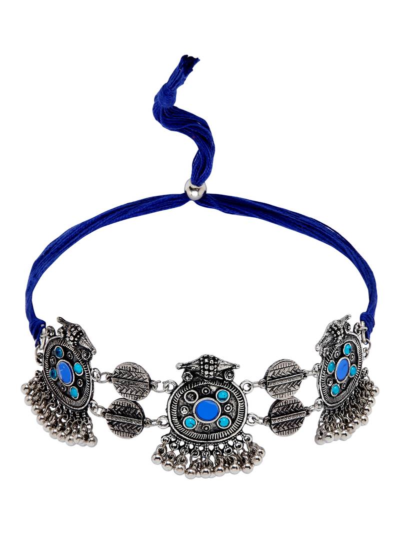 SMER Enamel Mirror Ethnic Silver Toned & Blue Chokers Necklace