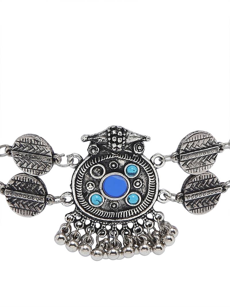 SMER Enamel Mirror Ethnic Silver Toned & Blue Chokers Necklace