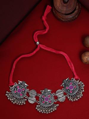 SMER Enamel Mirror Ethnic Silver Toned & Multi Chokers Necklace 1