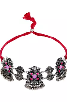 SMER Enamel Mirror Ethnic Silver Toned & Multi Chokers Necklace