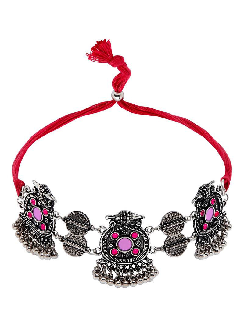 SMER Enamel Mirror Ethnic Silver Toned & Multi Chokers Necklace