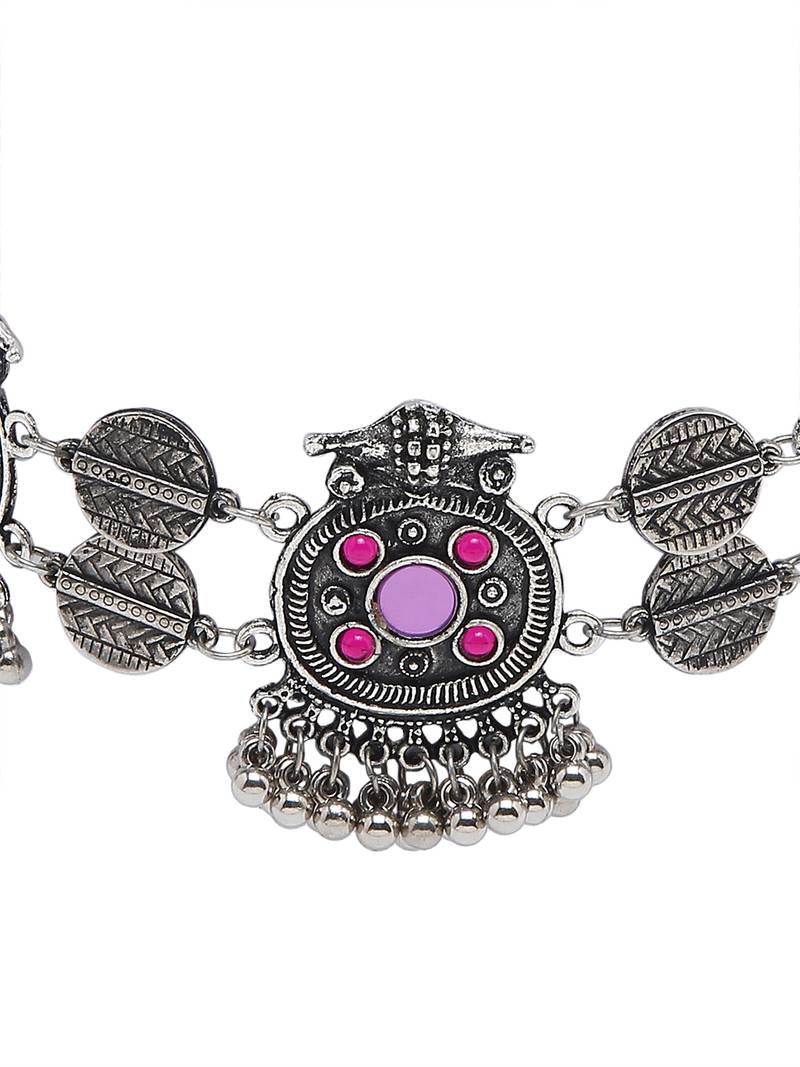 SMER Enamel Mirror Ethnic Silver Toned & Multi Chokers Necklace