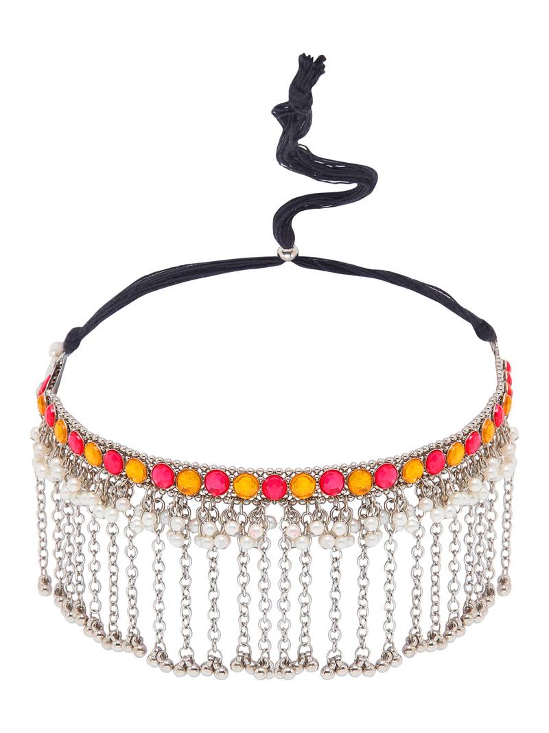 SMER Handcrafted Statement Oxidised Silver Toned Mirror Work Choker Necklace For Women & Girls