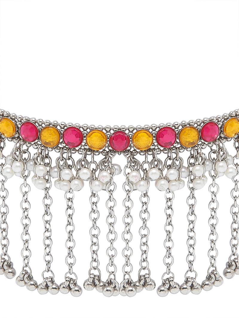 SMER Handcrafted Statement Oxidised Silver Toned Mirror Work Choker Necklace For Women & Girls