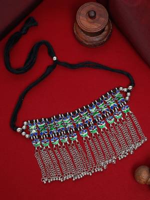 SMER Handcrafted Statement Oxidised Silver Toned Mirror Work Choker Necklace For Women & Girls 1