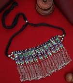SMER Handcrafted Statement Oxidised Silver Toned Mirror Work Choker Necklace For Women & Girls