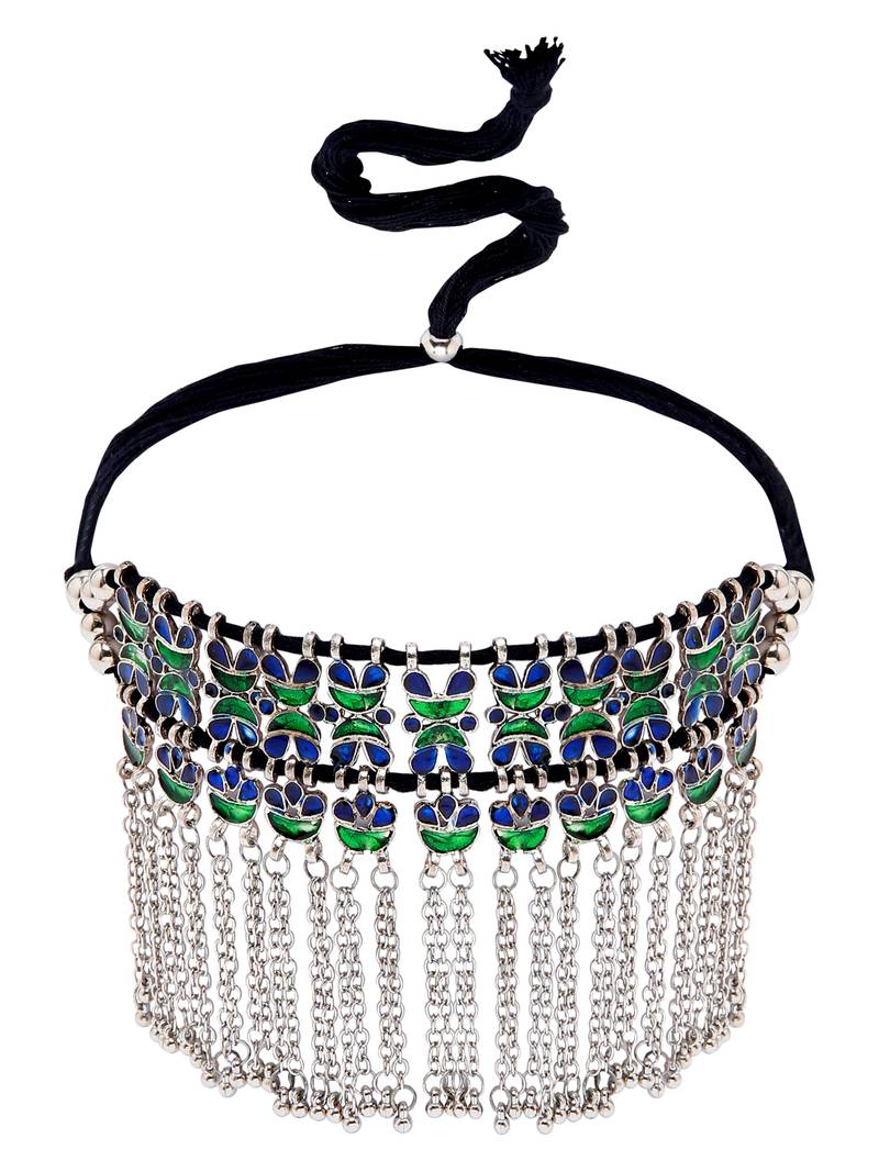 SMER Handcrafted Statement Oxidised Silver Toned Mirror Work Choker Necklace For Women & Girls