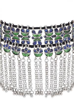 SMER Handcrafted Statement Oxidised Silver Toned Mirror Work Choker Necklace For Women & Girls 3