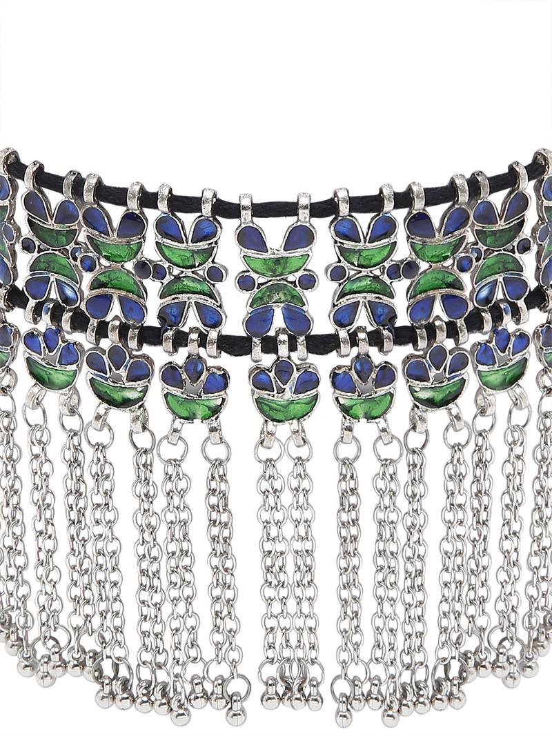 SMER Handcrafted Statement Oxidised Silver Toned Mirror Work Choker Necklace For Women & Girls