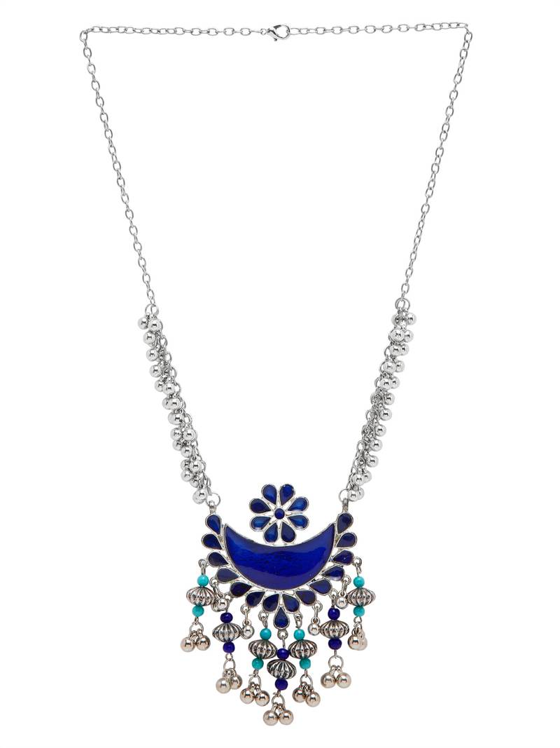 SMER Antique Finish Blue Ethnic Handcrafted Oxidised Long Statement Necklace