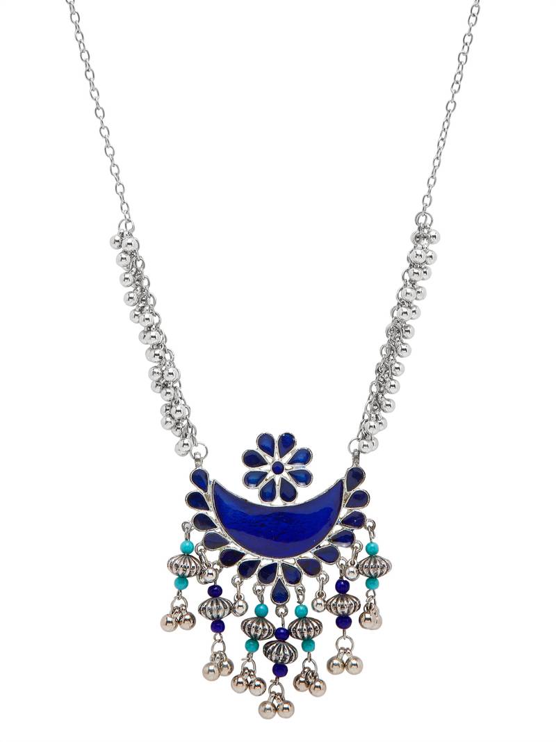 SMER Antique Finish Blue Ethnic Handcrafted Oxidised Long Statement Necklace