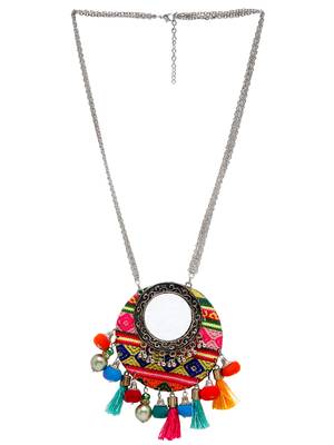 SMER Silver Toned Multi Color Tassel Ethnic Handcrafted  Oxidised Long Statement Necklace 2