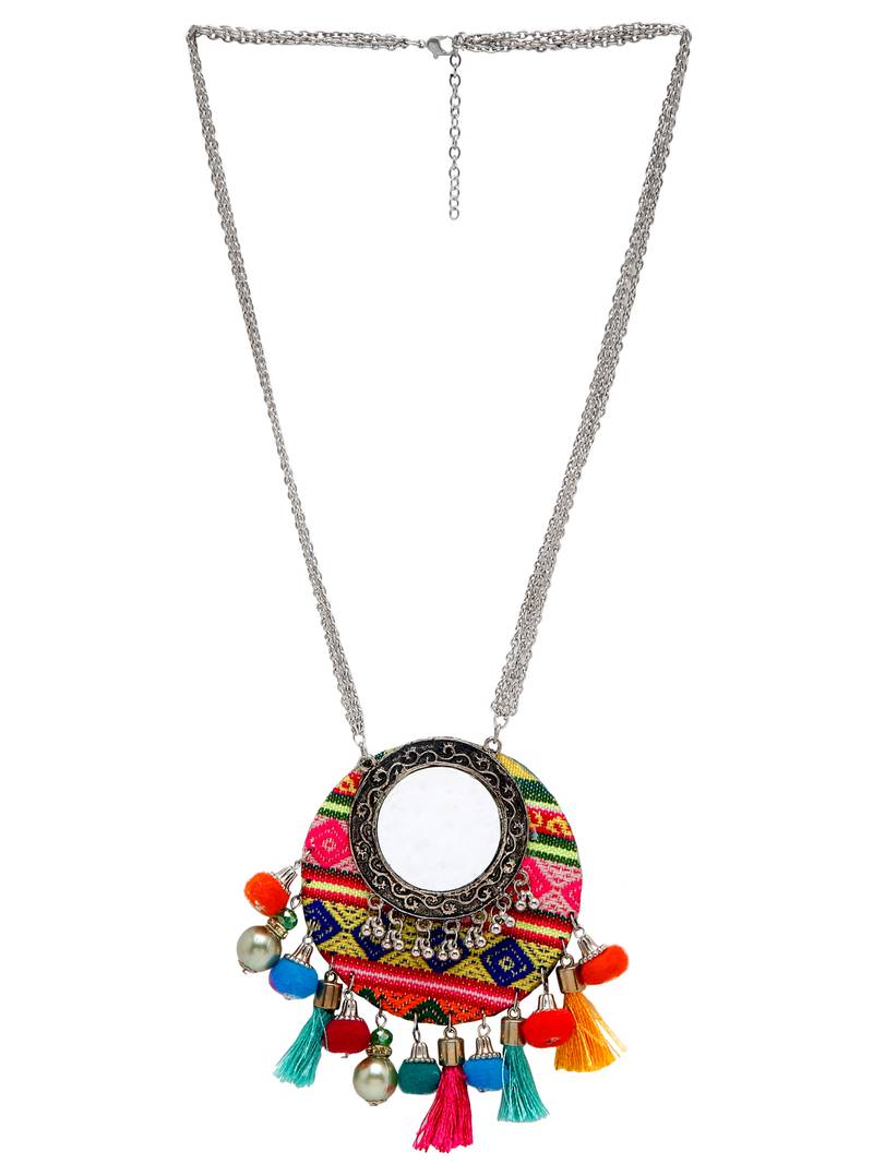 SMER Silver Toned Multi Color Tassel Ethnic Handcrafted  Oxidised Long Statement Necklace