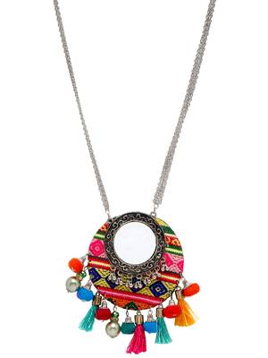 SMER Silver Toned Multi Color Tassel Ethnic Handcrafted  Oxidised Long Statement Necklace 3