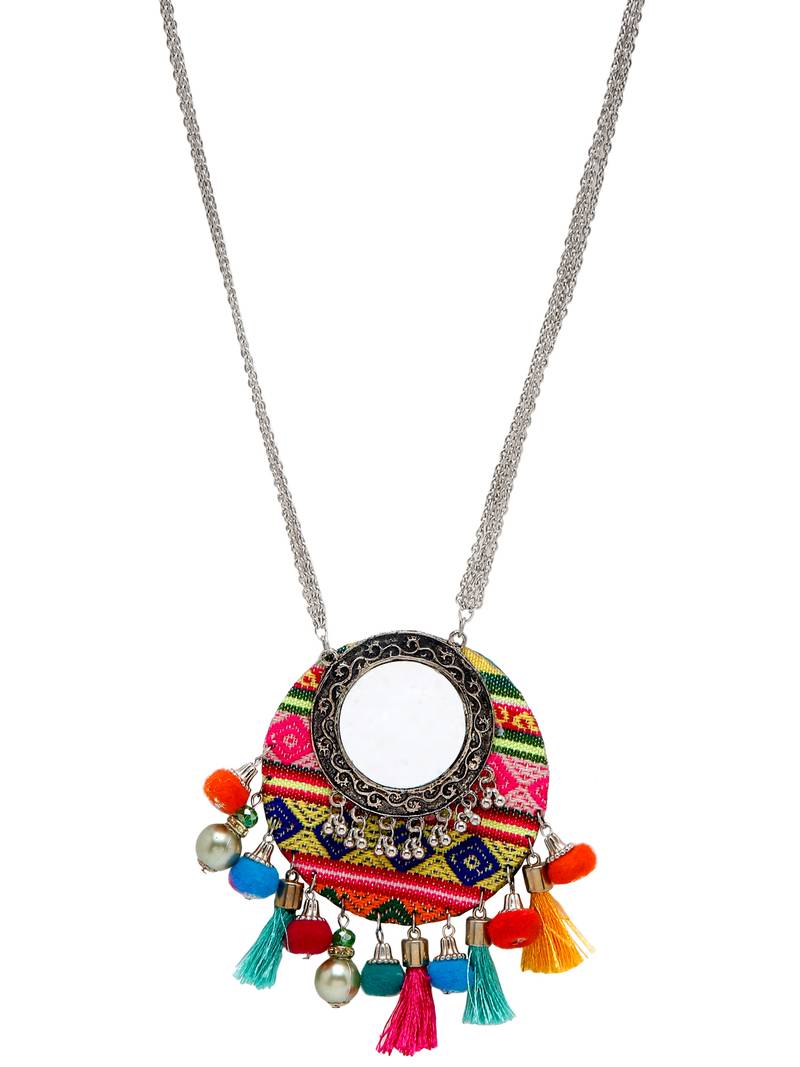 SMER Silver Toned Multi Color Tassel Ethnic Handcrafted  Oxidised Long Statement Necklace