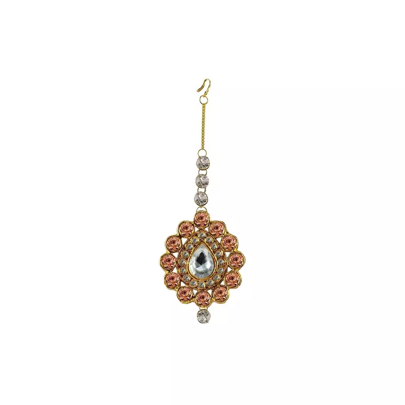 Brass Gold Platted  Peach Stone Studded  Maang Tikka