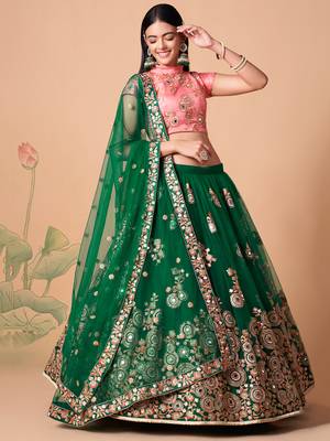 green net lehenga set choli with dupatta with peach blouse and dupatta 1