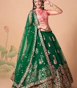 Amazing Green Net Bridesmaid Lehenga Choli with Peach Blouse and Dupatta