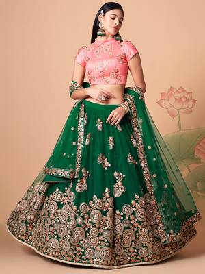 green net lehenga set choli with dupatta with peach blouse and dupatta 2