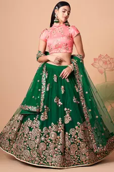 green net lehenga set choli with dupatta with peach blouse and dupatta
