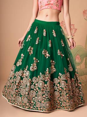 green net lehenga set choli with dupatta with peach blouse and dupatta 3