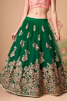 green net lehenga set choli with dupatta with peach blouse and dupatta