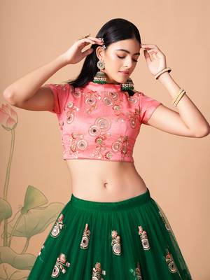 green net lehenga set choli with dupatta with peach blouse and dupatta 4