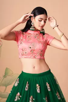 green net lehenga set choli with dupatta with peach blouse and dupatta