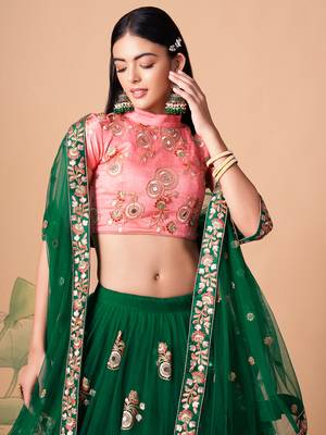 green net lehenga set choli with dupatta with peach blouse and dupatta 5