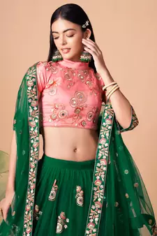 green net lehenga set choli with dupatta with peach blouse and dupatta