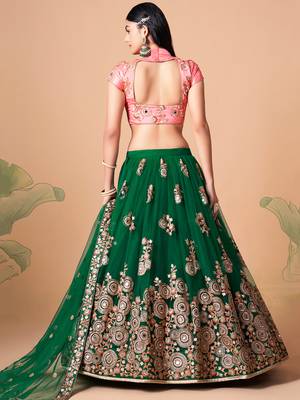 green net lehenga set choli with dupatta with peach blouse and dupatta 7