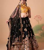 Amazing Black Net Bridesmaid Lehenga Choli with Gold Blouse and Dupatta