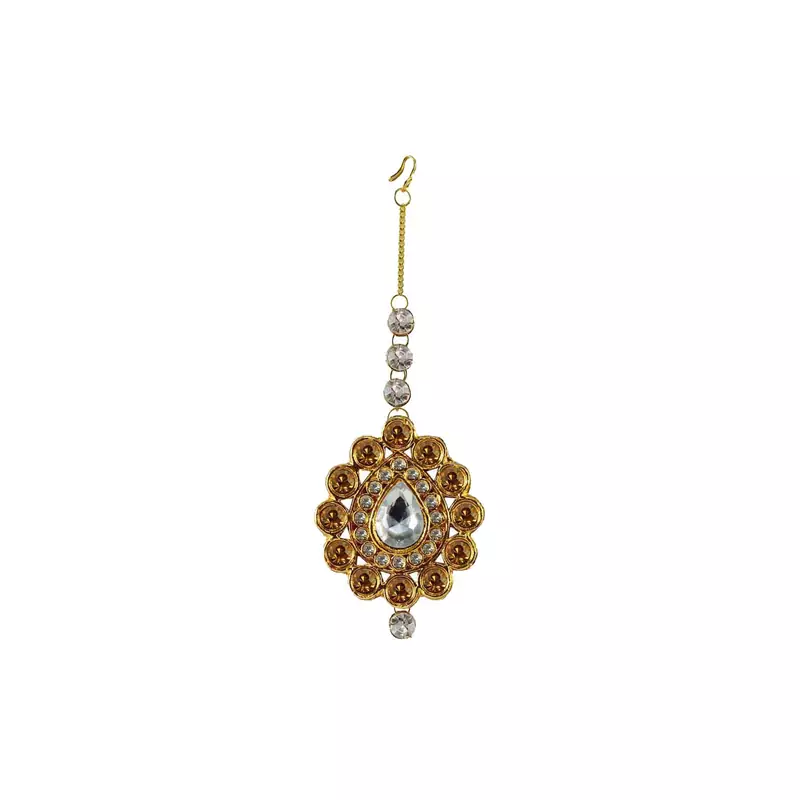 Brass Gold Platted  Golden Stone Studded  Maang Tikka