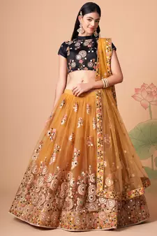 gold net lehenga set choli with dupatta with gold blouse and dupatta