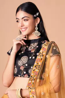 gold net lehenga set choli with dupatta with gold blouse and dupatta